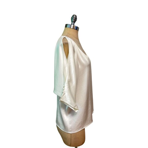 St. John Designer Ivory Satin Cold Shoulder Blouse With Button Detail Small - Picture 3 of 6